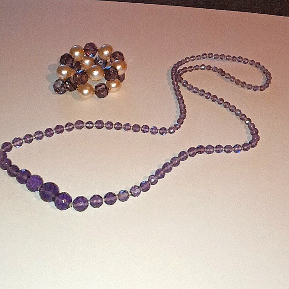 Vintage Amethyst Glass Faceted Necklace and Bracelet